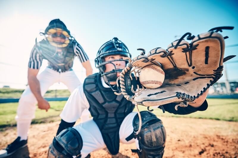 A fully equipped baseball catcher