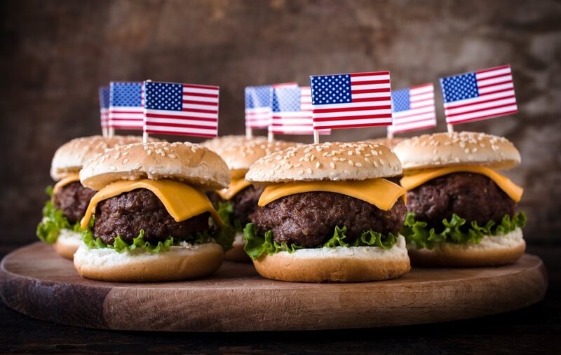 Hamburgers with mini American flag on top