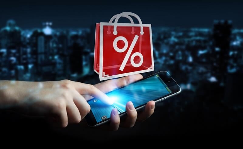 Illustration of 3d shopping discount icon floating on top of phone