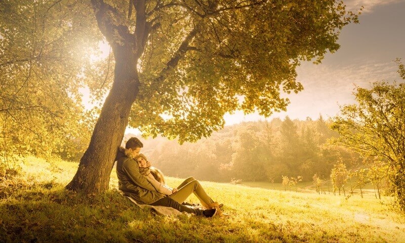 Loving couple spending time outdoor under a big tree