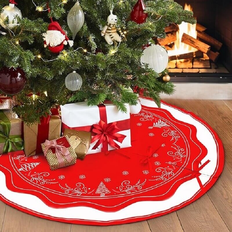 Red White Tree Skirt with Christmas Tree and Holly Leaf Pattern