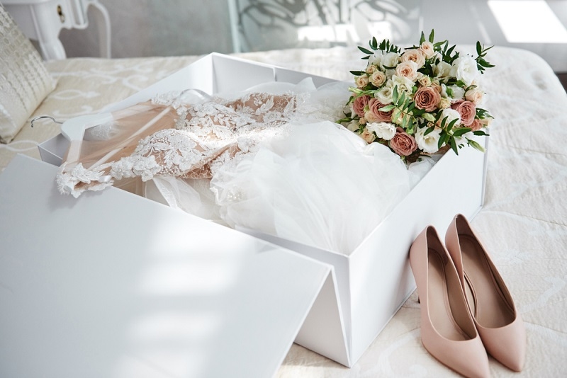 Luxury wedding dress in white box