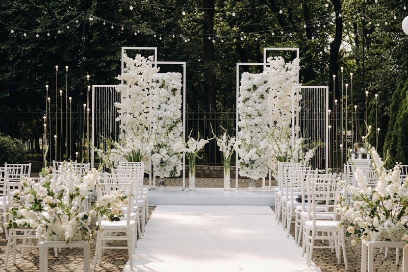 Decorated wedding venue with flowers