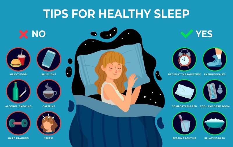 girl sleeping with Tips for bedtime sleep against insomnia infographics