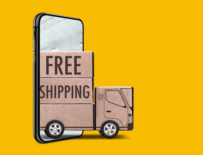 illustration of truck coming out of phone, free shipping