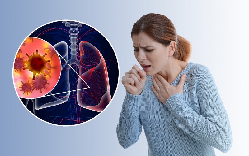 Woman coughing, affected with lungs disease