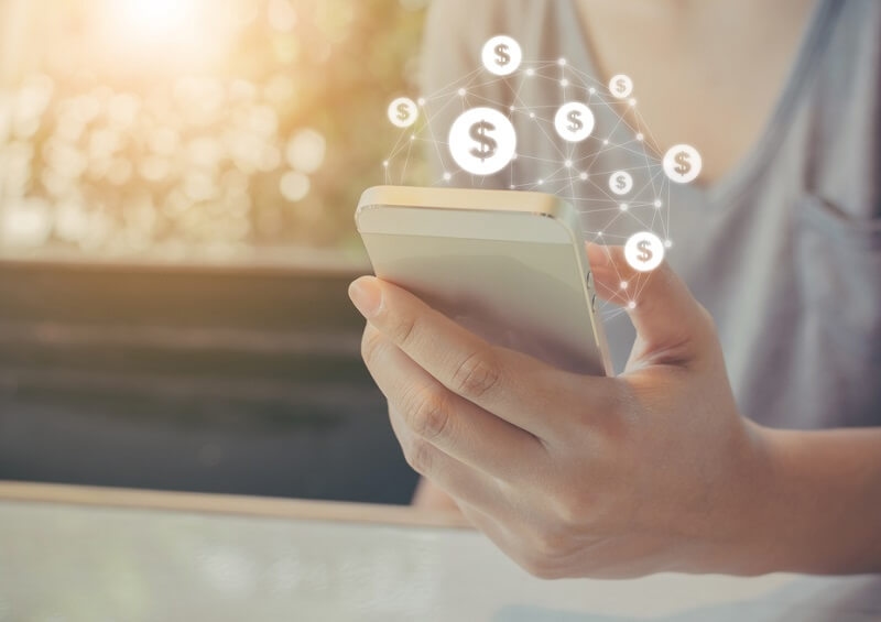  woman hand using mobile phone with online transaction application