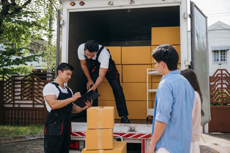 two movers loading boxes into a truck while customers observe, highlighting professional moving services and organized relocation