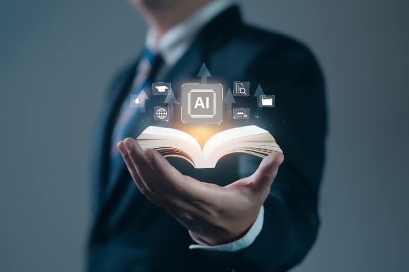 man showing open book with AI text