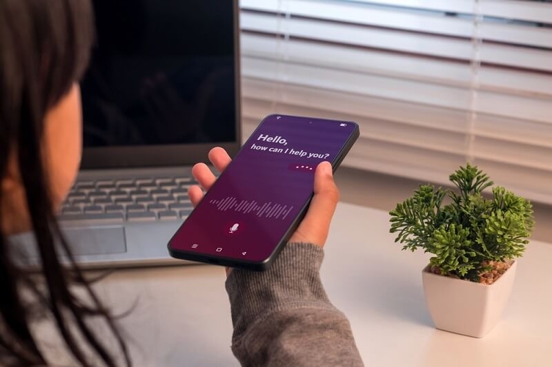 Girl using Voice AI search for answers