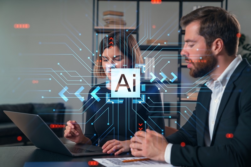 Thoughtful businesspeople working together at office workplace,Ai technology icons
