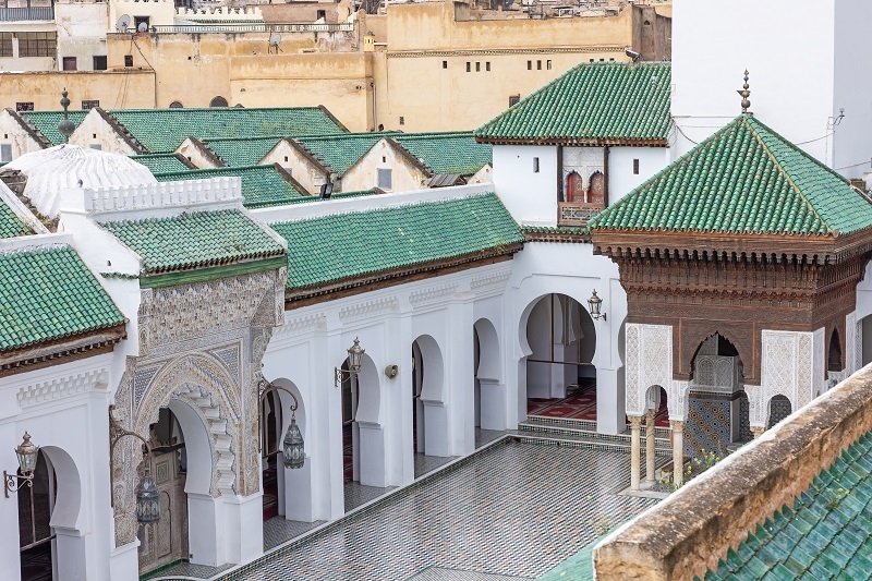 View of the courtyard  of University al-Qarawiyyin. Fes El Bali Medina.  Morocco. Horizontally. 