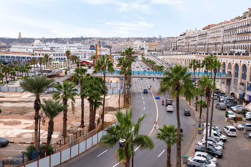 Amazing view of central waterfront of city of Algiers. Seaside boulevard in Algiers. Republic of Algeria