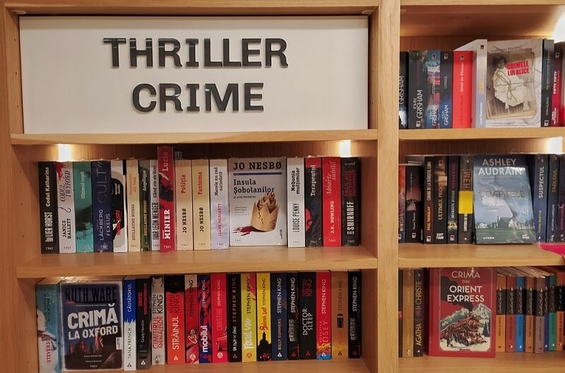 thriller and crime book sections in library