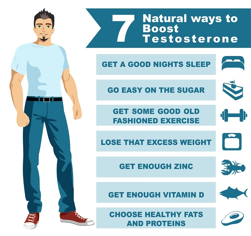 7 natural ways boost testosterone. Infographics. Scientific, educational and popular-scientific concept. 