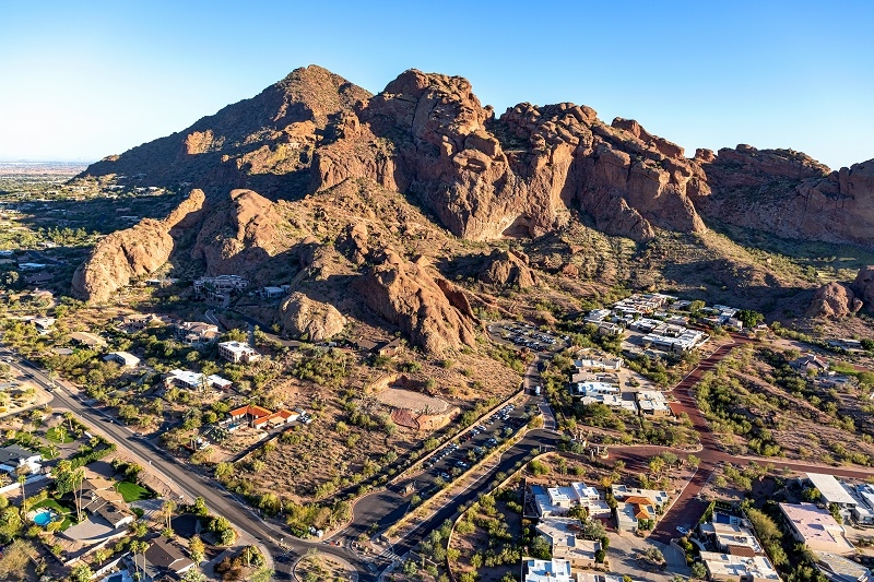 Sunset on Echo Canyon at Camelback Mountain, aerial view looking northwest to the southeast