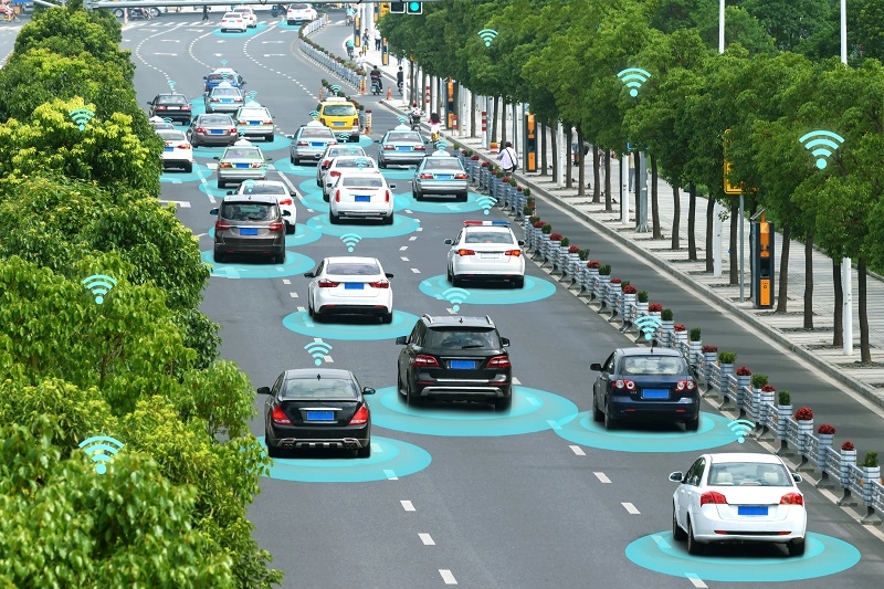 Smart car (HUD) and Autonomous self-driving mode vehicle on metro city road with graphic sensor signal.