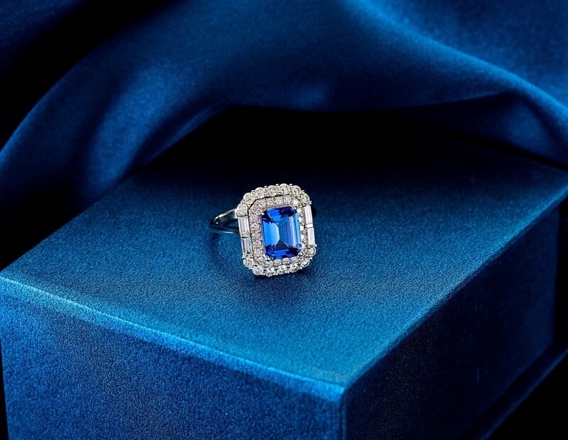 customized diamond ring in blue box