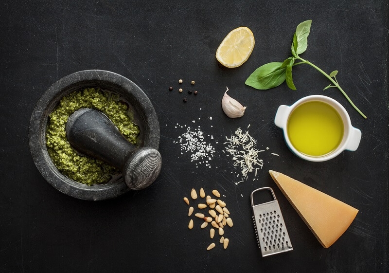 green pesto basil preparing with ingredients