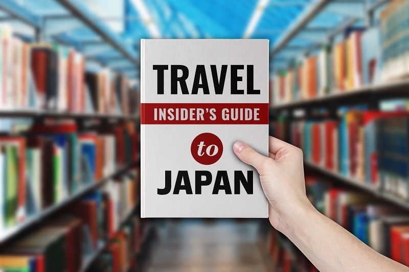 A hand holding a travel guide book of visiting Japan.