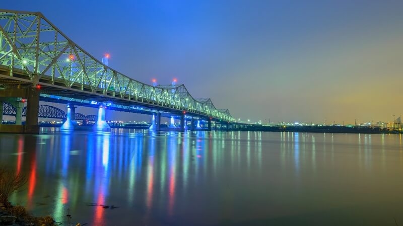 kentucky railway bridge over river with lights in night view