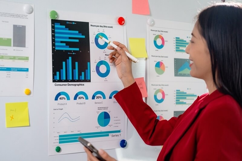 woman analyzer explaining population change through charts and data