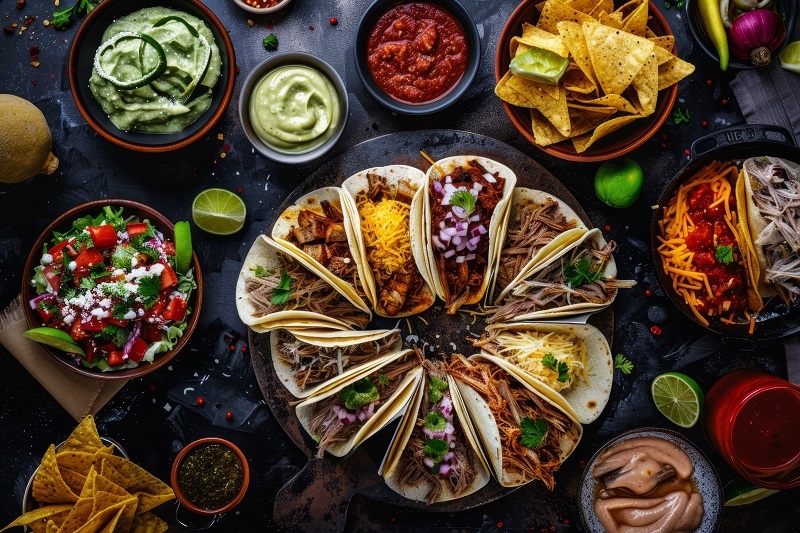 Sumptuous Taco Feast A Detailed and Realistic Culinary Delight on a Dark Brown table