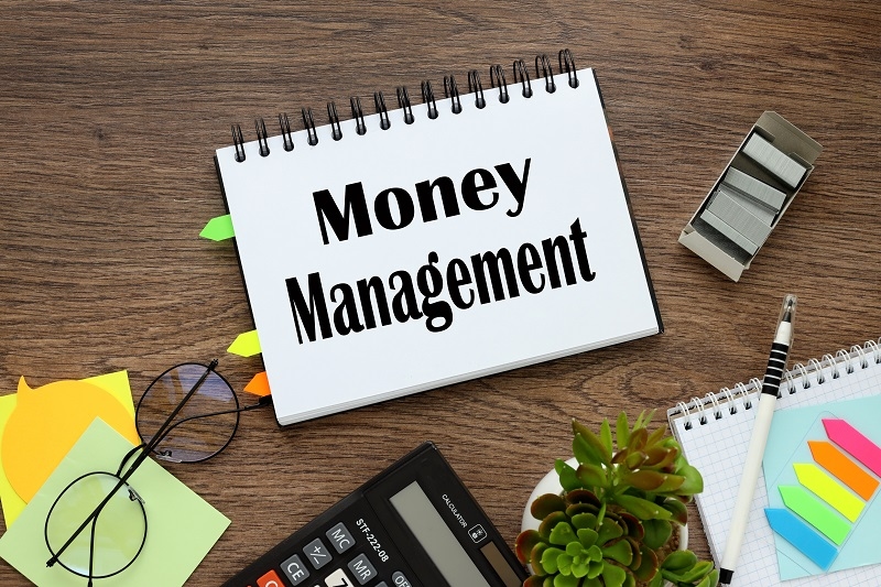 MONEY MANAGER. notebook with words in the middle of the style. stickers as bookmarks