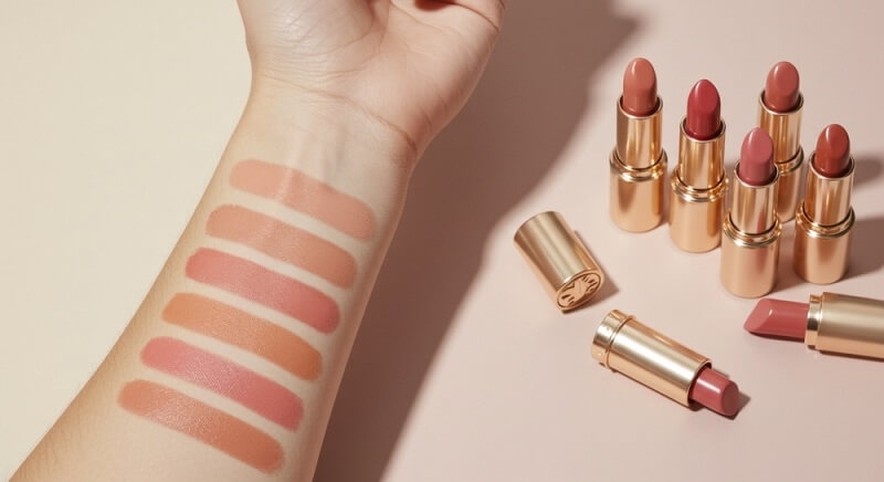woman checking for nude lipsticks by applying them on her hand 