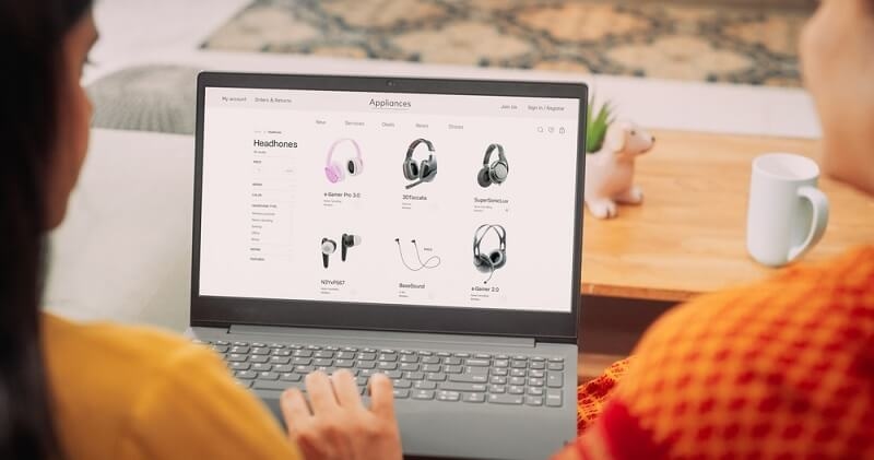 girl searching for headsets online