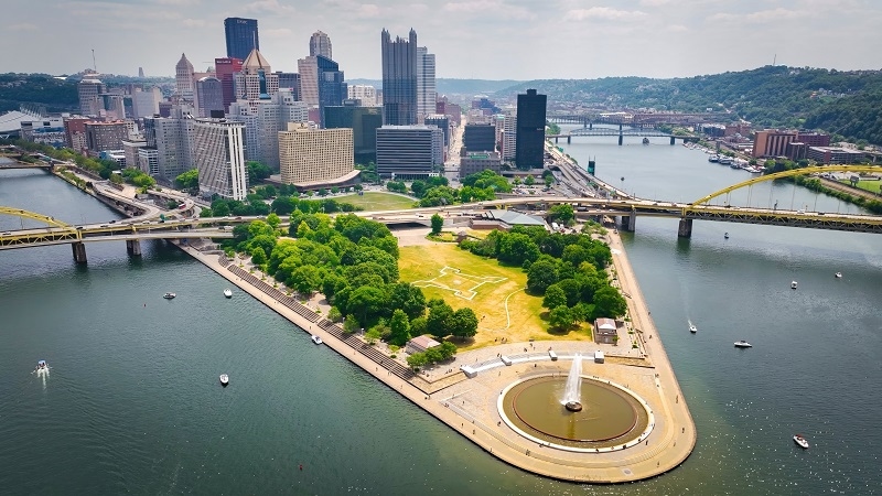 Point State Park in Pittsburgh - aerial drone photography - PITTSBURGH, PENNSYLVANIA