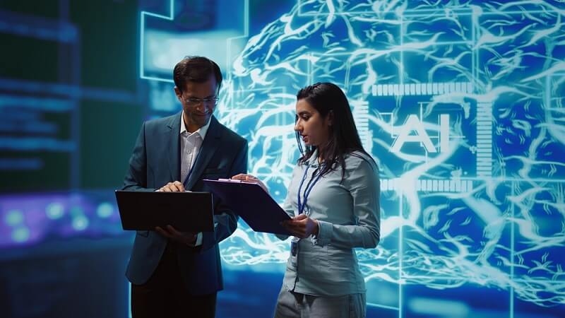 researchers in lab with data and facts with help of AI