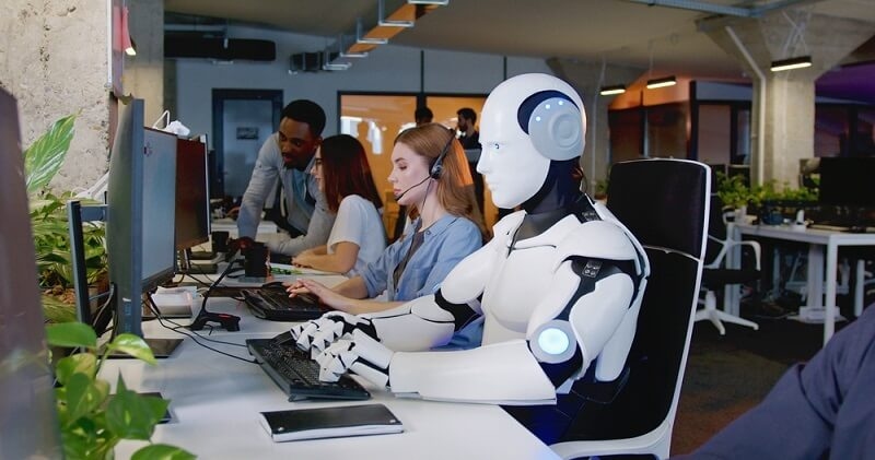 AI robots working with employees in office