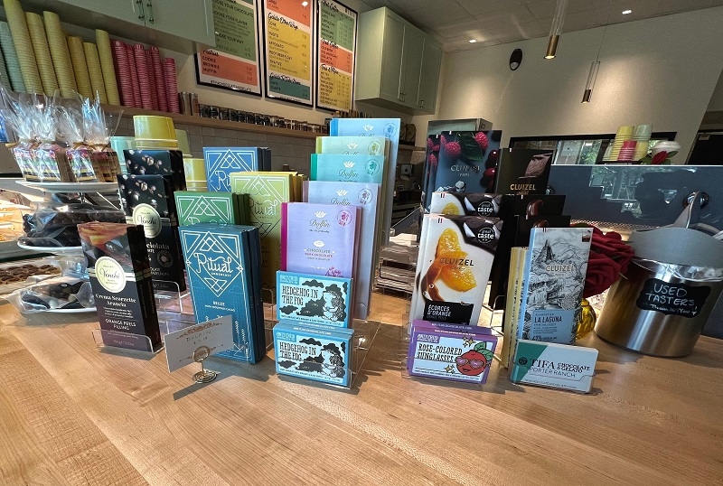 Gourmet chocolate display at Tifa Chocolate and Gelato in Simi Valley shopping center