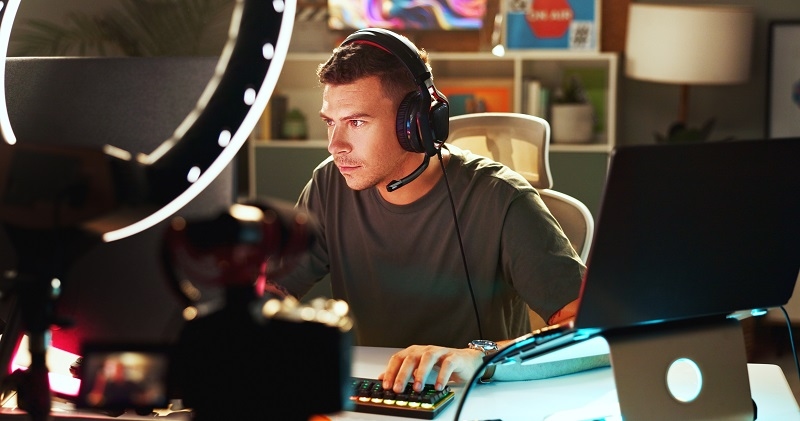 Gamer, influencer and recording with tech for streaming, follower interaction or content creation
