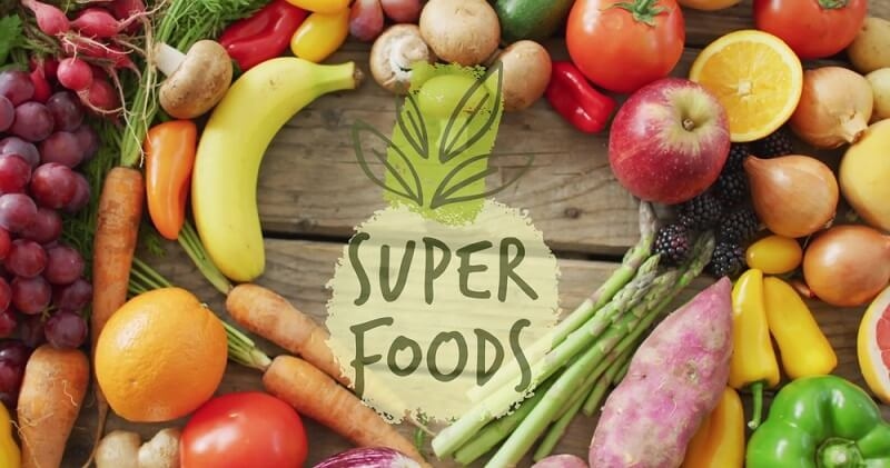 Superfoods text with foods