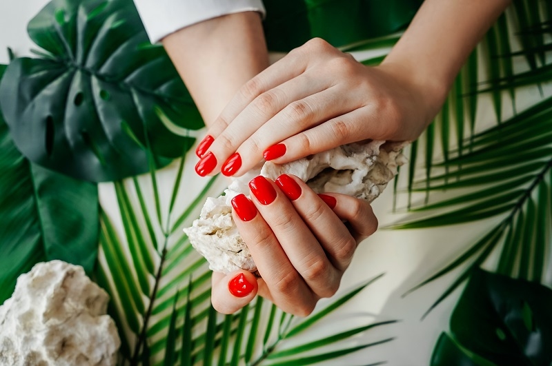 Beautiful manicured woman's nails with red nail polish on green leaves tropical background. Stone in hands.