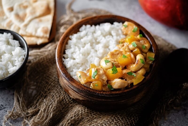 teriyaki chicken mango rice on casserole