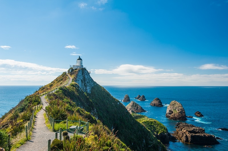 Lighthouse on Nugget Point. It is located in the Catlins area on the Southern Coast of New Zealand, Otago region