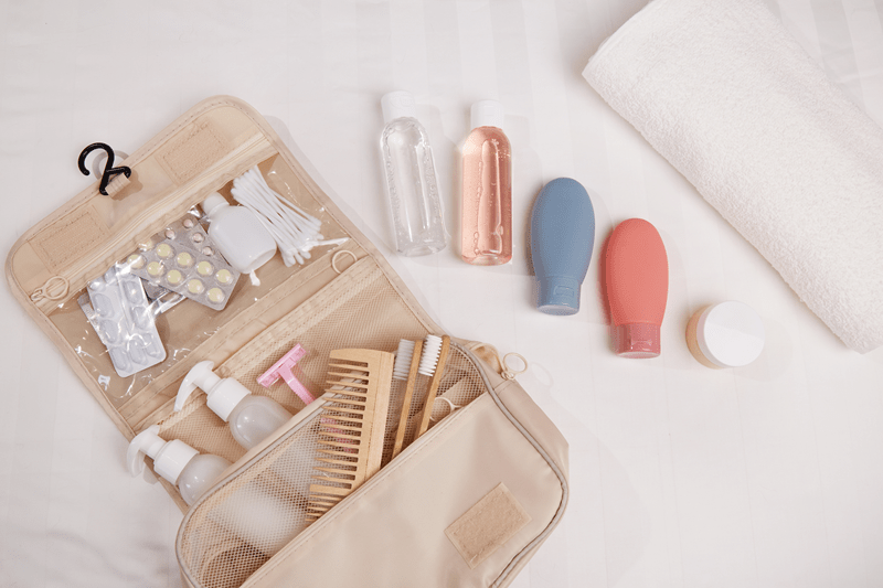 TSA approved liquids, travel size products, bathroom essentials travel, hygiene products portable, toiletry bag items