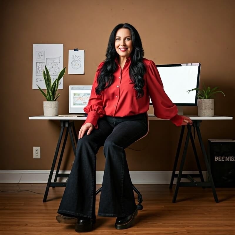 woman-sit-wearing-wide-leg-jeans-outfit