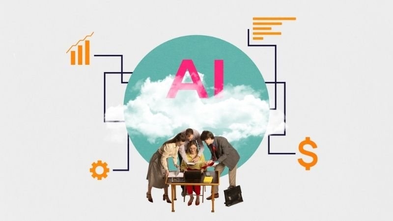 Business team analyzing AI-driven financial strategy. 