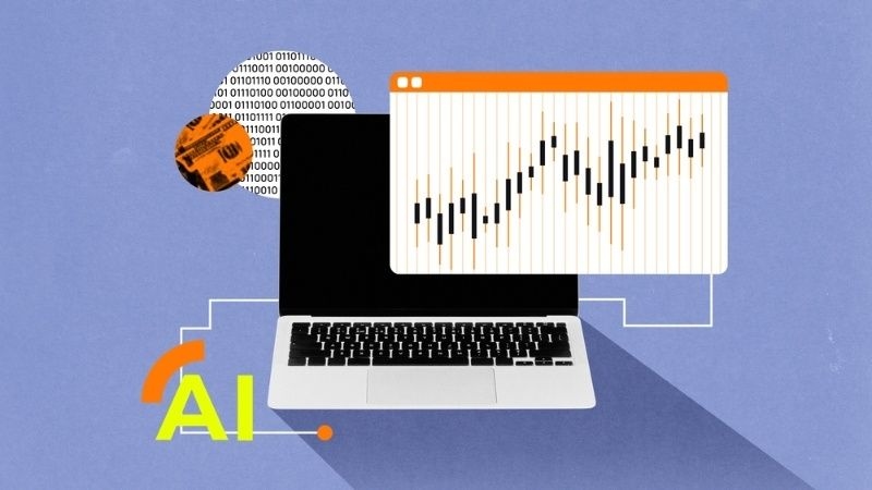 Laptop displaying AI-powered stock trading charts and financial market analysis graphics.
