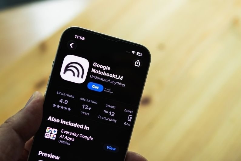 5. Smartphone displaying the Google NotebookLM app listing on an app store screen.