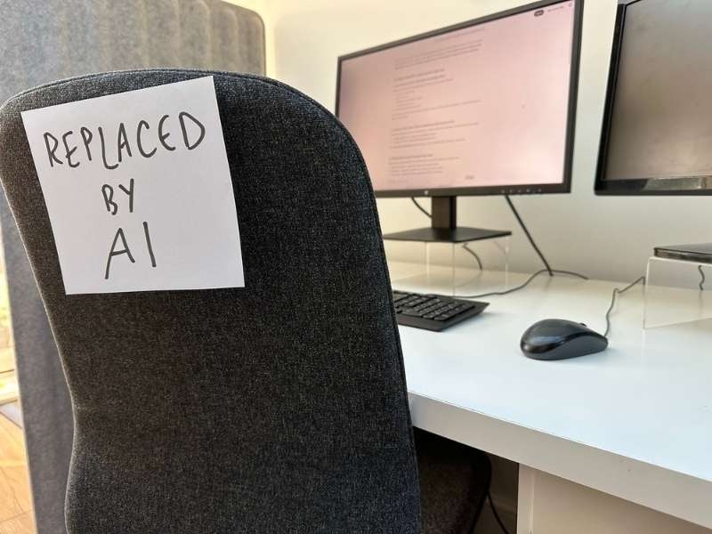 Office chair with a note reading ‘Replaced by AI’ in front of a desk with a computer setup.