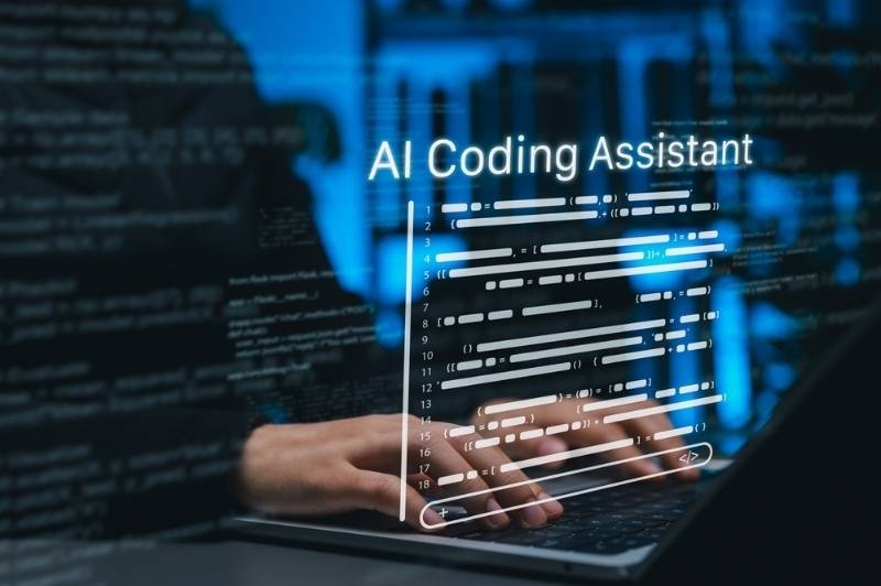 Laptop screen showing an AI coding assistant interface with code suggestions and programming overlay.