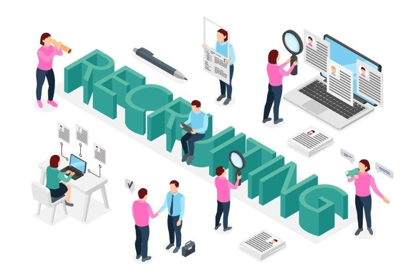 Illustration of people interacting with large ‘recruiting’ text, reviewing resumes and hiring candidates.