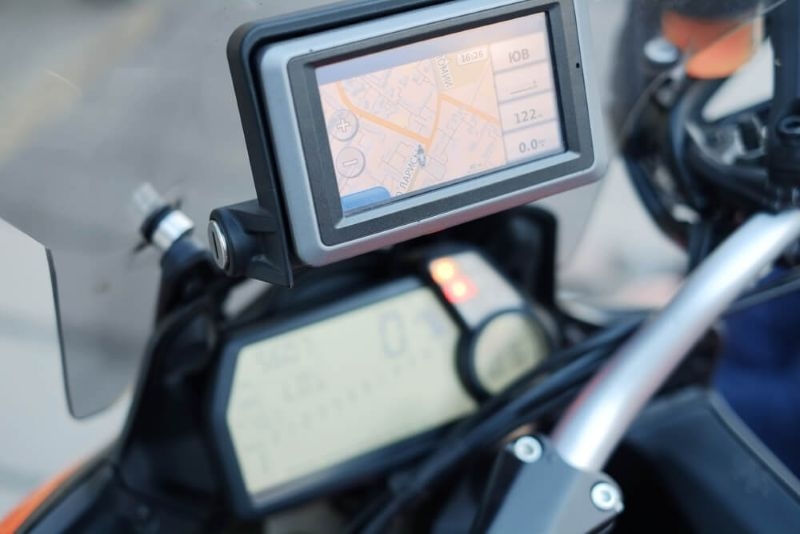 Motorcycle travel gps navigation on the handlebars of the bike
