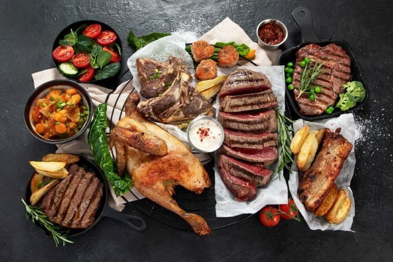 Various cooked meat, beef, chicken and meat 