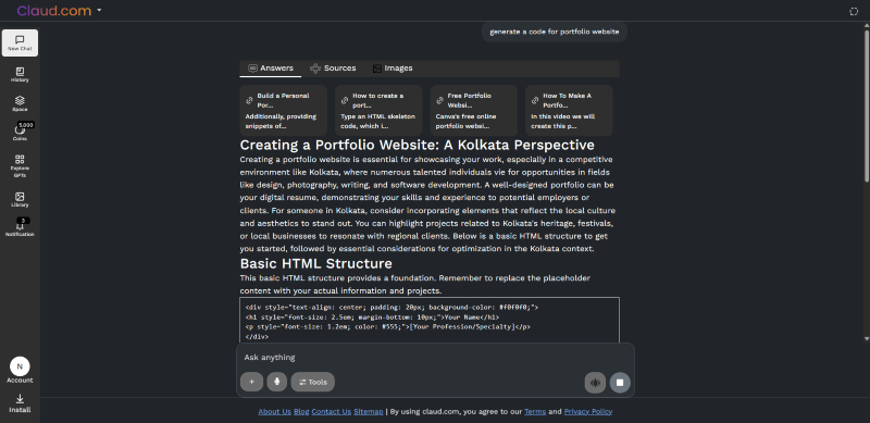 ClaudGPT ai home screen with code generated for a website 